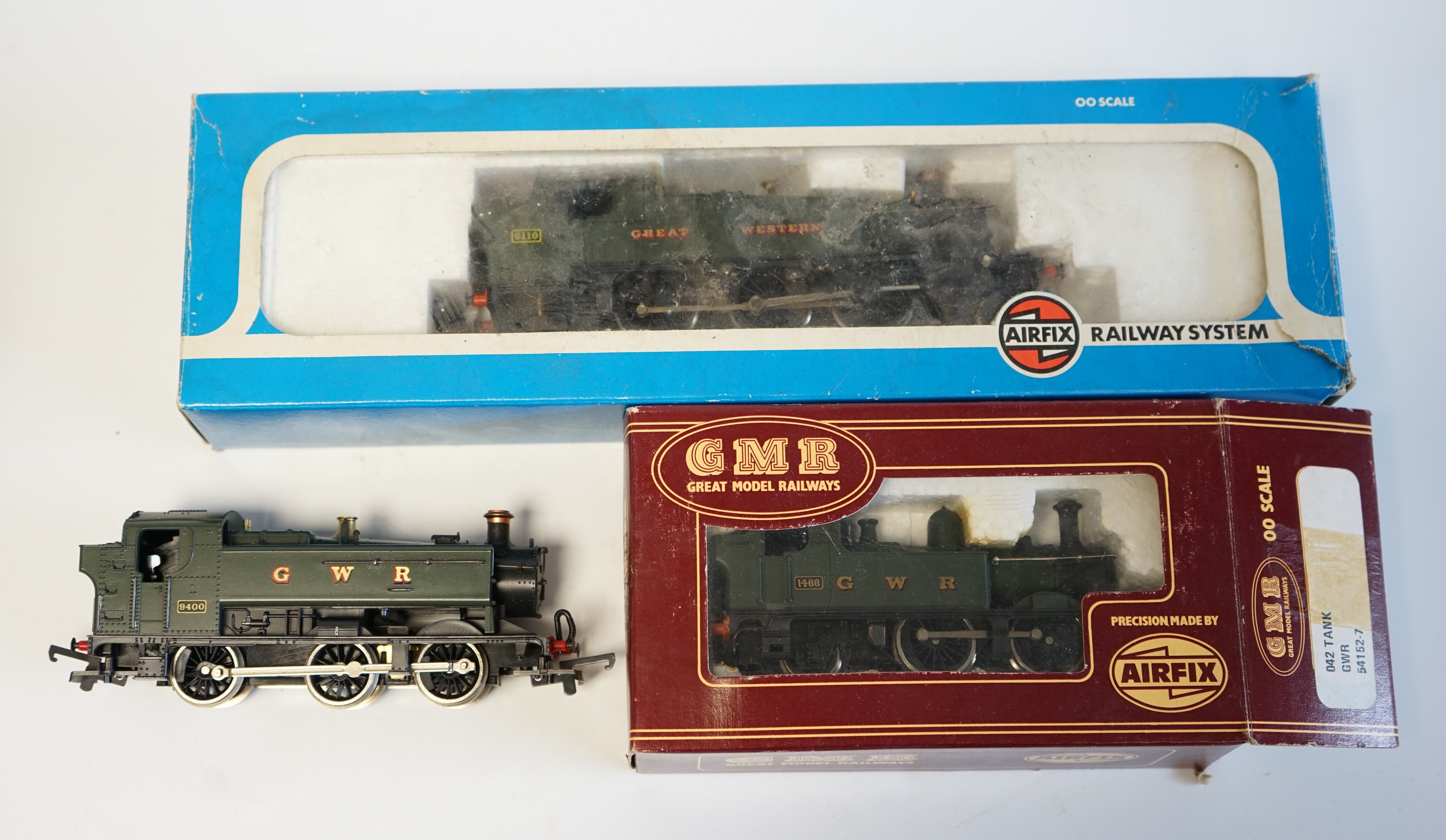 Three 00 gauge GWR steam locomotives by Lima and Airfix; a Prairie Tank locomotive, 6110, a Class 94xx loco and a Class 14xx. Condition - fair, two locos boxed